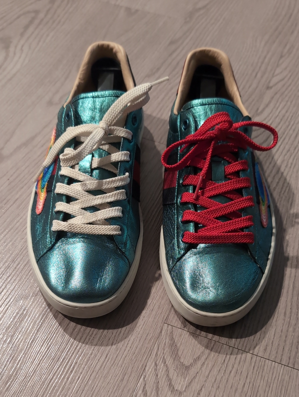 Mens Gucci Ace Metallic Teal Low-Top Sneakers Saturn Patch (Fits 11) - Picture 1 of 7